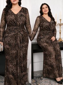 Modelyn Women's Plus Size Waist Knot Slightly Sheer V-Neck Leopard Print Dress - Multicolor - View 1