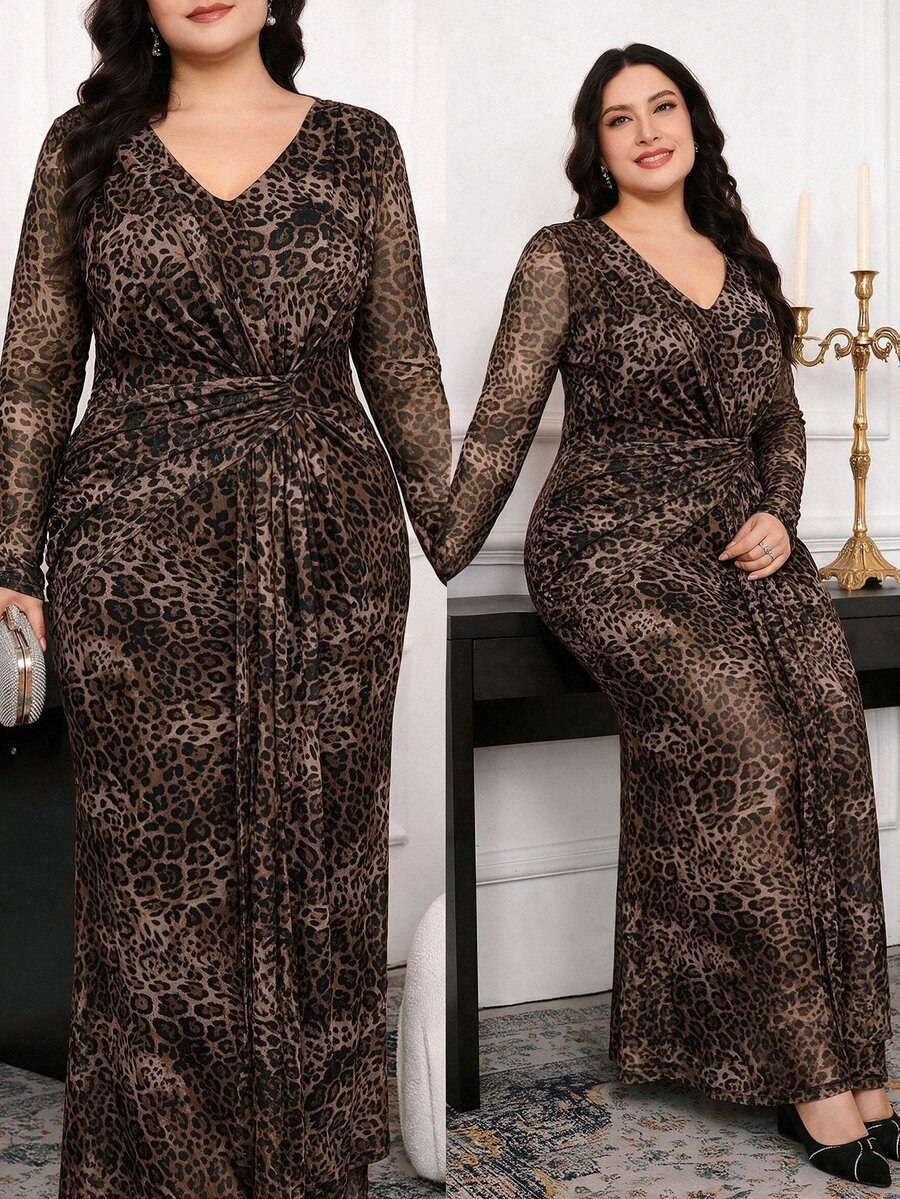 Modelyn Women's Plus Size Waist Knot Slightly Sheer V-Neck Leopard Print Dress - Multicolor - View 1