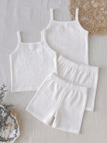 SHEIN 女童春夏季細肩帶上衣與短褲套裝 2件組 純色/多色內著套裝 - 白色 - 查看 2
