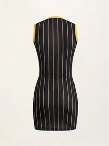 LOONEY TUNES X SHEIN Women's Cartoon Print Striped Colorblock Dress - Black - View 2