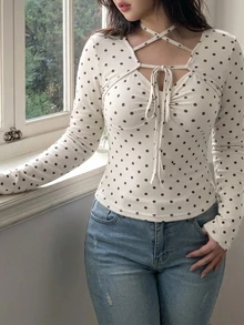 Dazy Plus Fashion Polka Dot Halter Neck Tie Fitted Korean Style Spring Autumn New Long Sleeve T-Shirt - Beige - View 4