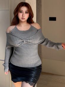 REIGN AVE Fitted Bow Off-Shoulder Sexy Elegant Elegant Spring Autumn Pullover Sweater - Grey - View 7