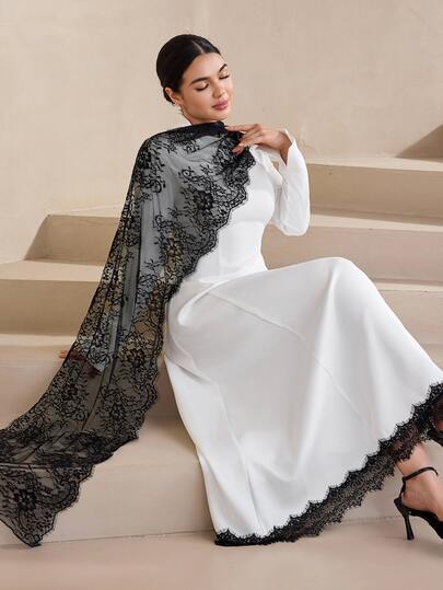 Graceveil Women's Elegant Lace Shawl Long Sleeve A-Line Evening Dress/Cocktail Dress, Black And White Color Block, Spring And Autumn