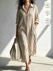 Linhara CURVE Autumn/Winter New Blue White Stripe Fashion Boho Casual Vacation Women's Long Dress Plus Size Fall - Khaki - View 1