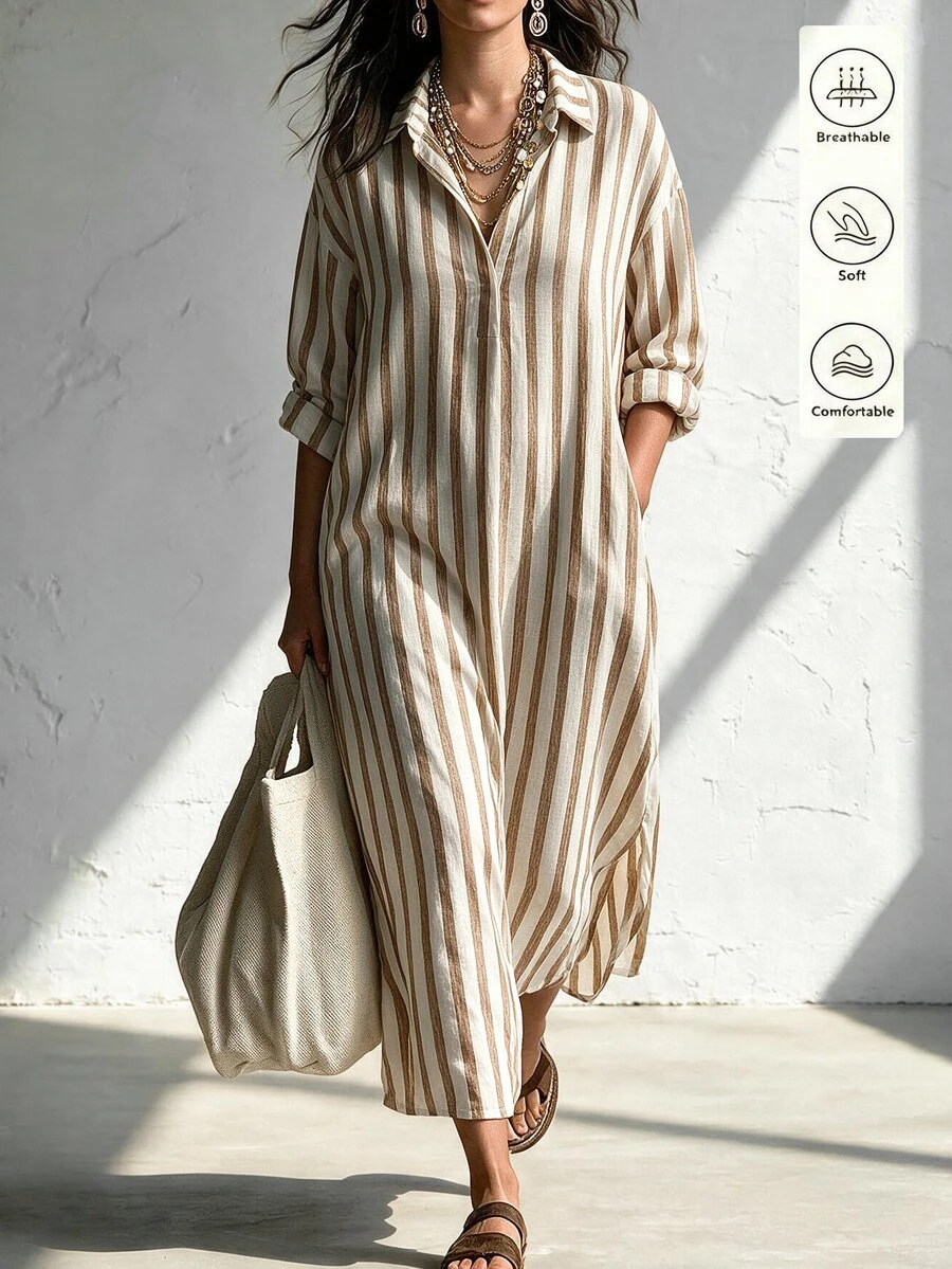 Linhara CURVE Autumn/Winter New Blue White Stripe Fashion Boho Casual Vacation Women's Long Dress Plus Size Fall - Khaki - View 1
