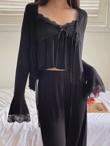 DAZY Enfärgat pyjamasset med camisoletopp med spetskant, byxor och morgonrock - Svart - Visa 5