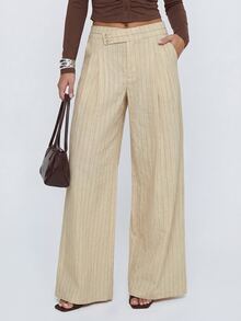 Avantive Women's High Waist Vertical Striped Wide Leg Long Pants - Apricot - View 4