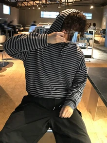 DAZY Autumn/Winter Striped Woolen Black & Grey Placket Button Design Men's Hoodie - Multicolor - View 3