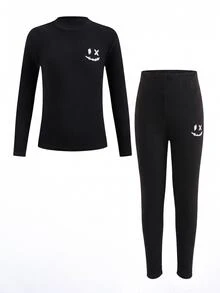 SHEIN 2 Pieces Tween Boy Casual Pure Color Warm Middle Collar Long Sleeve Shirt And Long Pants Underwear Set Suitable For Base Warm Clothes - Multicolor - View 5