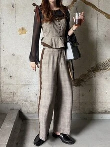 FRIFUL Women's Lace Patchwork Top & Pants Casual Daily Two Pieces Set - Brown - View 3