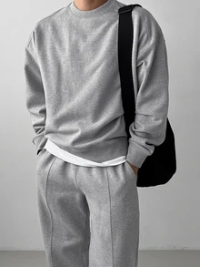 DAZY Autumn/Winter Thermal Lined Gray Floral Crew Neck Long Sleeve Ribbed Cuff & Hem Sweatshirt With Elastic Waist & Cuffed Jogger Pants Korean Style Men's Pullover Set - Grey - View 7