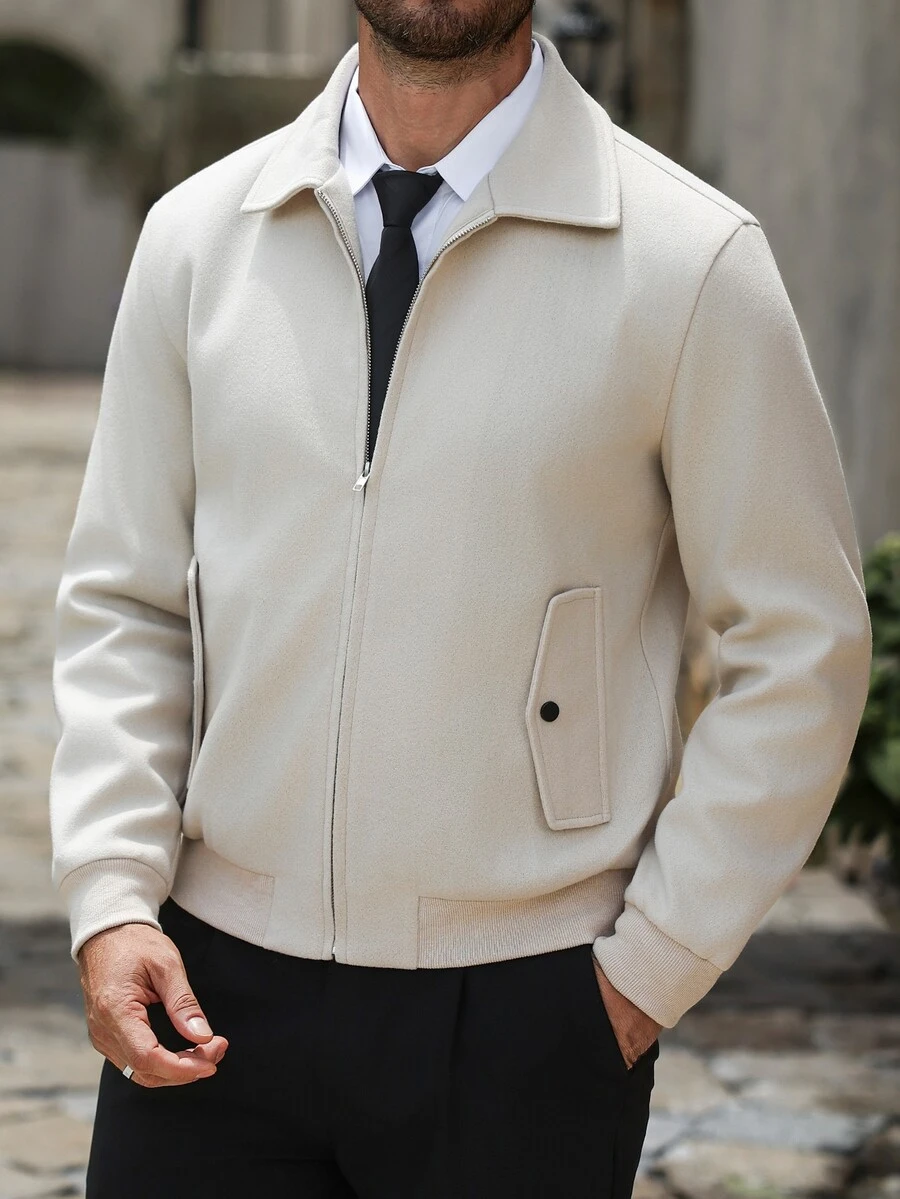 Manfinity Homme 男士 2026 春夏卡其色領口拉鍊哈靈頓夾克,透氣棉質面料修身版型 - 杏色 - 查看 1