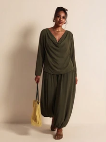 Elaquor Plus Size Women's Stacked Collar Long Sleeve Top And Pants 2 Pieces Set - Army Green - View 1