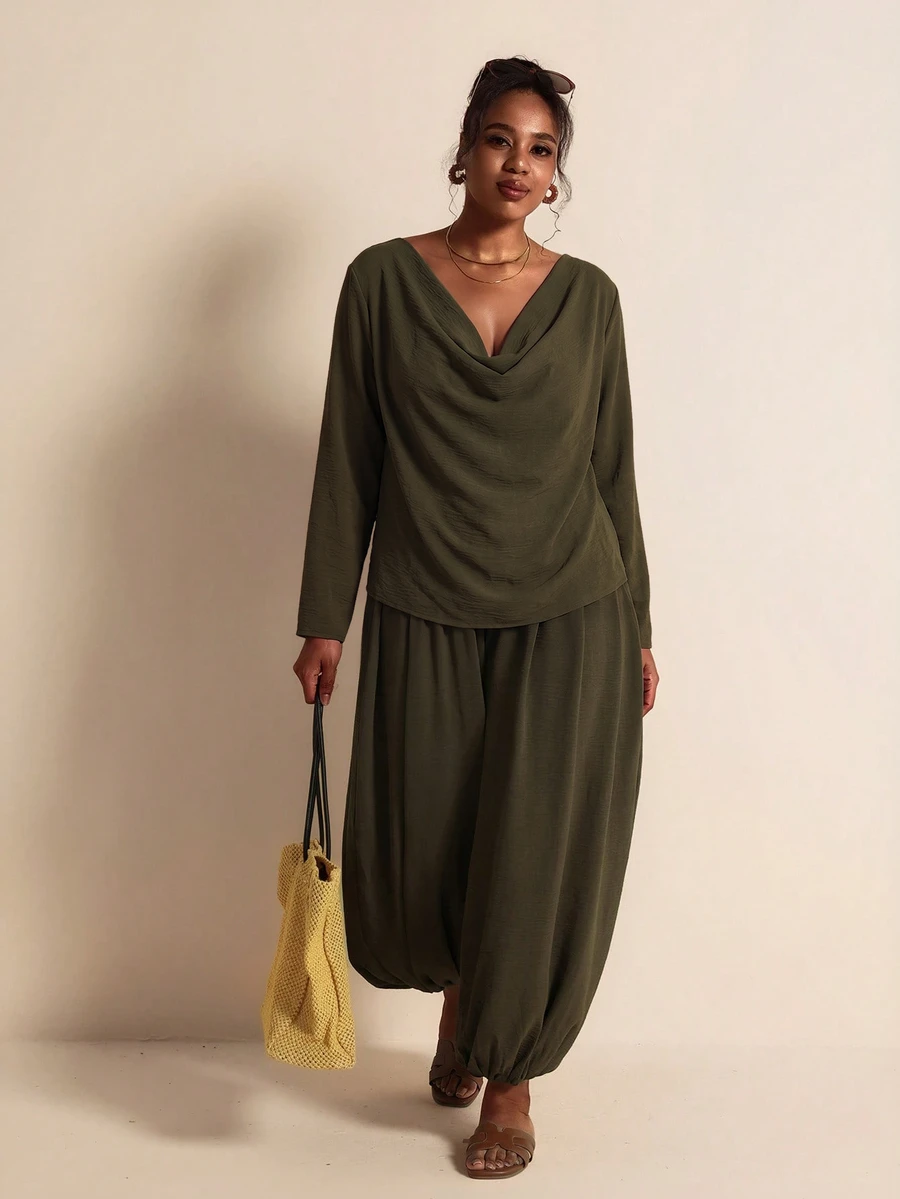 Elaquor Plus Size Women's Stacked Collar Long Sleeve Top And Pants 2 Pieces Set - Army Green - View 1