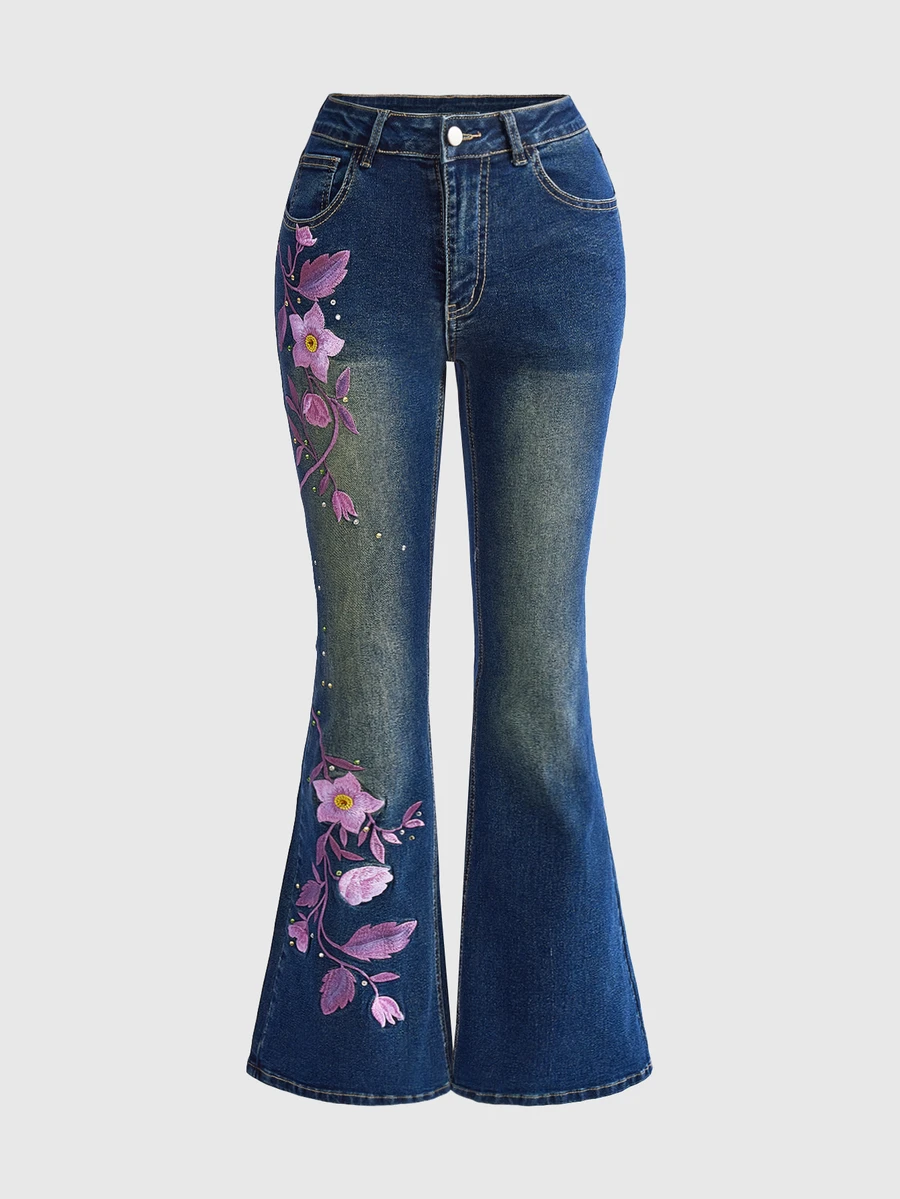 ROMWE Hippie 女款復古花卉刺繡超低腰水洗喇叭牛仔褲 - 深色水洗藍 - 查看 1