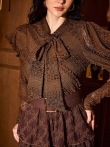 MOTF PREMIUM Gaun Panjang Kasual Pesta Wanita dengan Leher Ikat Renda - Coffee Brown - View 3