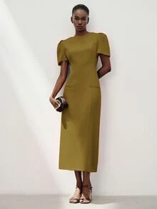 Aveloria Modichic Solid Puff Sleeve Longline Dress Office Tea Party Olive Green Summer Elegant Minimalist - Green - View 6