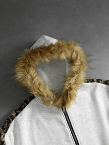 ROMWE MEN Men's Leopard Print Patchwork Plush Hat Autumn Winter Loose Streetwear Sweatshirt Hoodie - Multicolor - View 4