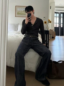 DAZY 男士白色羅紋布料長袖圓領半開扣純色T恤 - 黑色 - 查看 8