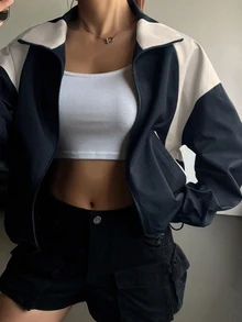 Dazy Plus Colorblock Patchwork Loose Casual Baggy Street Style Fall New Jacket Going Out Office - Navy Blue - View 1