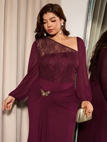Elaquor Plus Size Women Solid Color Elegant Party Sheer Fitted Dress - Burgundy - View 5
