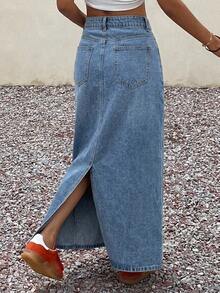Livesso Autumn High Waist Deep Blue Washed Solid Color A-Line Flared Slim Fit Women's Denim Skirt - Light Wash - View 2