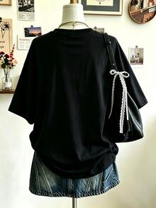 Lalippa 女款時尚3D字母印花T恤，Y2K復古街頭風寬鬆版型短袖圓領休閒印花上衣，夏季穿搭 - 黑色 - 查看 2