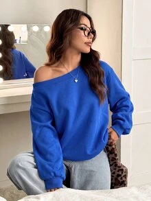 SHEIN EZwear 秋冬款皇家藍保暖內裡寬鬆不對稱肩設計女款運動衫 - 寶藍色 - 查看 1