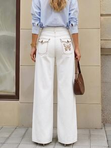 SHEIN PETITE Women's Casual Rivet & Embroidery Decorated Wide Leg Denim Jeans - White - View 2