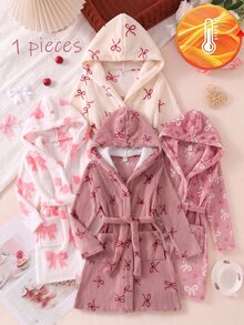SHEIN 女童甜美白色毛絨浴袍，紅色蝴蝶結印花，附口袋、腰帶，長袖長版連帽睡衣居家服，適合秋冬穿著 - 紅色 - 查看 8