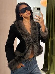 COSMINA Women's Long Sleeve Autumn/Winter Faux Fur Trim Jacket - Multicolor - View 1