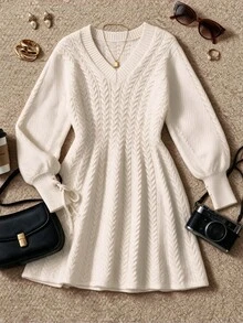 Maweii Plus Size Women Long Sleeve V-Neck Cinched Waist Knit Dress - Apricot - View 6