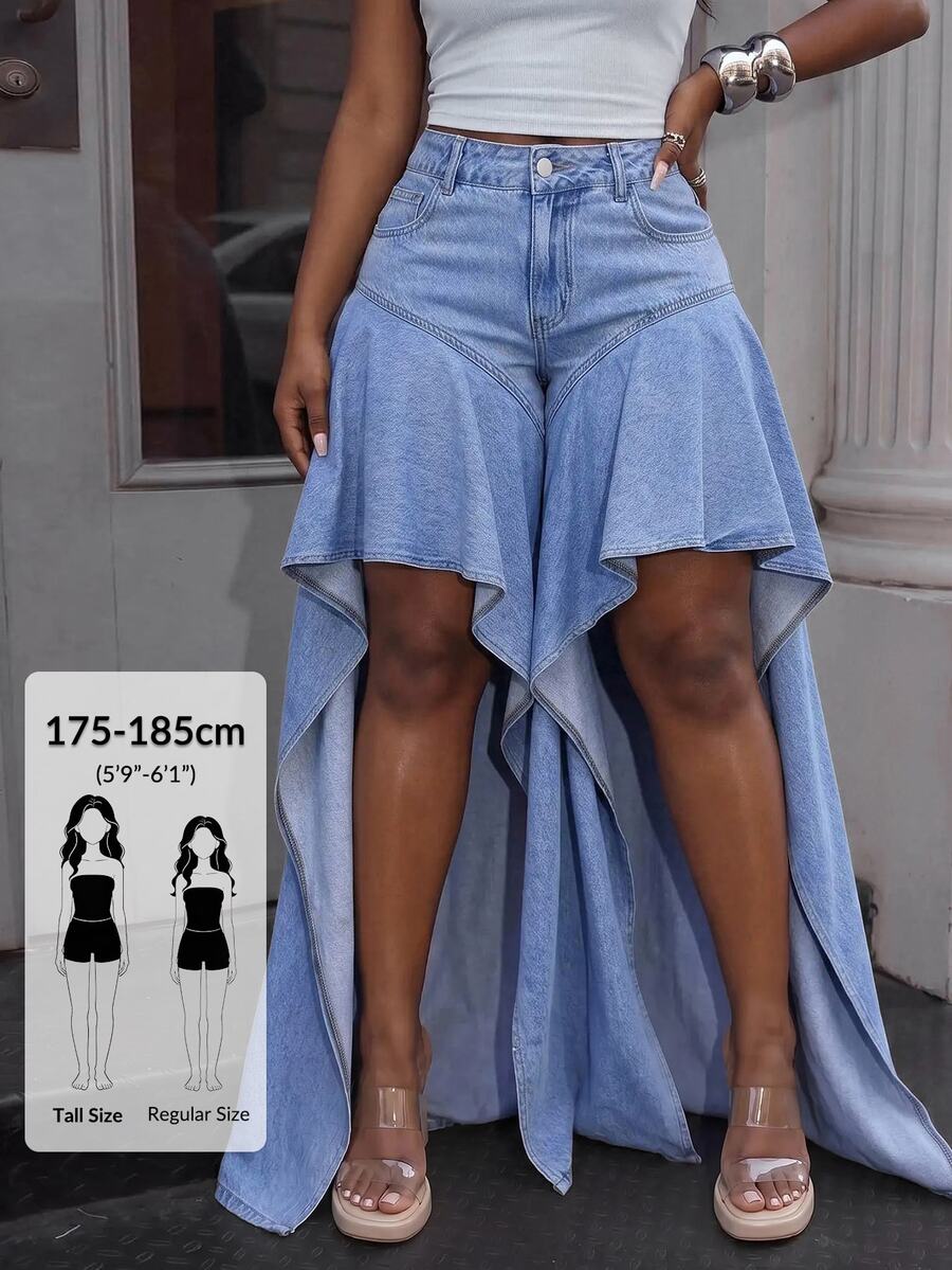 SHEIN Tall Women's Mid-Waist Casual Daily Denim Jeans With Pocket And Button - Blue - View 1