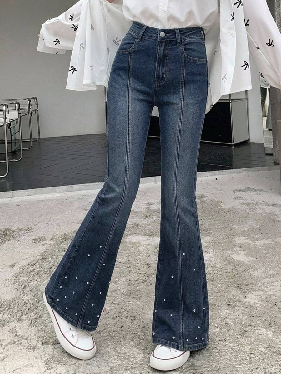 DAZY Teen Girl Casual Daily Denim Bell Bottom Jeans With Pocket & Button - Dark Wash - View 1