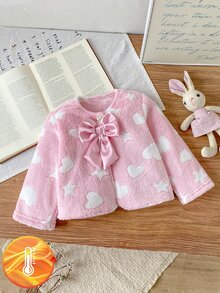 SHEIN Elladie kids 2件組女嬰夾克洋裝套裝，甜美可愛粉白蝴蝶結愛心印花，長袖圓領加厚款，生日派對秋冬節日禮物 - 粉色 - 查看 4