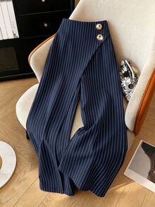 Modelyn Commuter Elegant Striped Criss-Cross Design Metal Button Decor Wide Leg Long Pants - Navy Blue - View 8