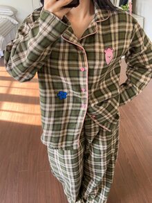 Dazy Plus Fashion Plaid Cartoon Print Loose Long Sleeve Top & Pants 2pcs Set Loungewear Pajama Outfit - Olive Green - View 4