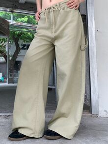 Dazy Plus Blogger Style Casual Loose Embroidered Letter Korean Loose Fit Denim Jeans - Khaki - View 2