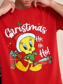 LOONEY TUNES X SHEIN Men's Cartoon Print Short Sleeve Crew Neck T-Shirt - Red - View 6