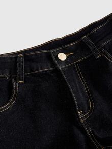 ROMWE Grunge Punk Women's Casual Daily Denim Shorts With Pocket, Button And Plush Patchwork Design - Black - View 3
