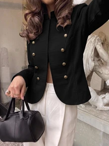 Aloruh Women's Solid Color Rivet & Button Decor Fashion Casual Jacket - Black - View 4