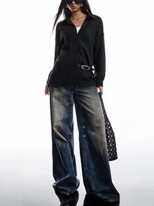 SHEIN EZwear 女款黑色單排扣長袖極簡百搭襯衫 - 黑色 - 查看 5