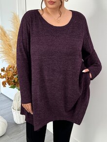 SHEIN CURVE+ 大尺碼女款休閒羅紋長袖T恤，秋冬紫色不對稱下擺，適合5XL-8XL尺寸 - 紫色 - 查看 4