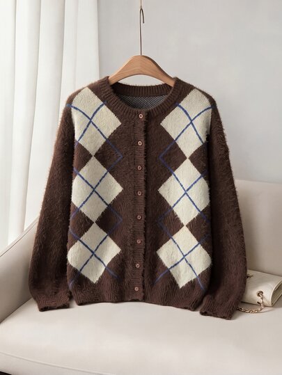 SHEIN Clasi Plus Size Women's Round Neck Vintage Casual Plaid Cardigan