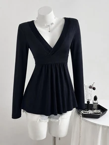 Flirla Autumn/Winter Casual Versatile Lace Deep V-Neck Long Sleeve Top - Black - View 4