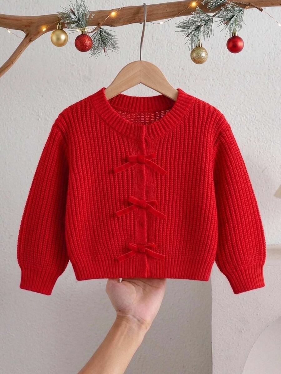 LMoss Kids Baby Girl Knit Solid Color Round Neck Casual Cute Bow Red Cardigan,Christmas, Halloween,Suitable For Autumn And Winter - Red - View 1