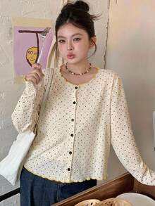 Dazy Plus Small Polka Dot Round Neck Button Front Long Sleeve Casual Cardigan For Girls Spring Autumn - Apricot - View 4