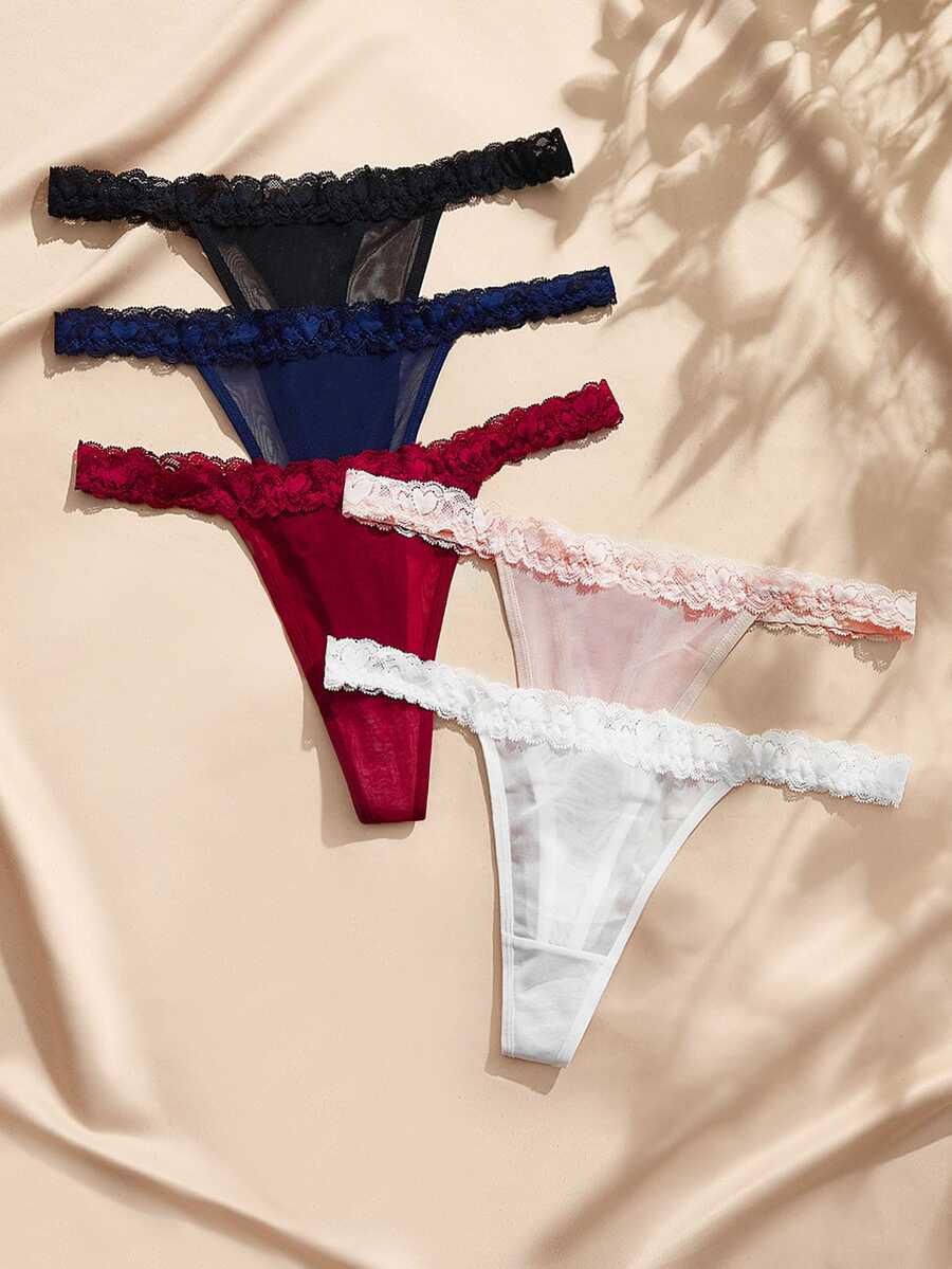 Charlaine French Romantic Lace Contrast Mesh Thong Panties Set Of 5 - Multicolor - View 1