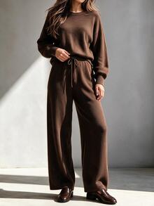 LUMIGAL Women's Solid Color Drop Shoulder Round Neck Knit Top And Drawstring Long Pants 2 Pieces Set - Brown - View 6