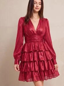 BELROSIE 法式風格V領甜美碎花度假短款層次雪紡長袖蛋糕裙女款迷你洋裝 - 深紅色 - 查看 6